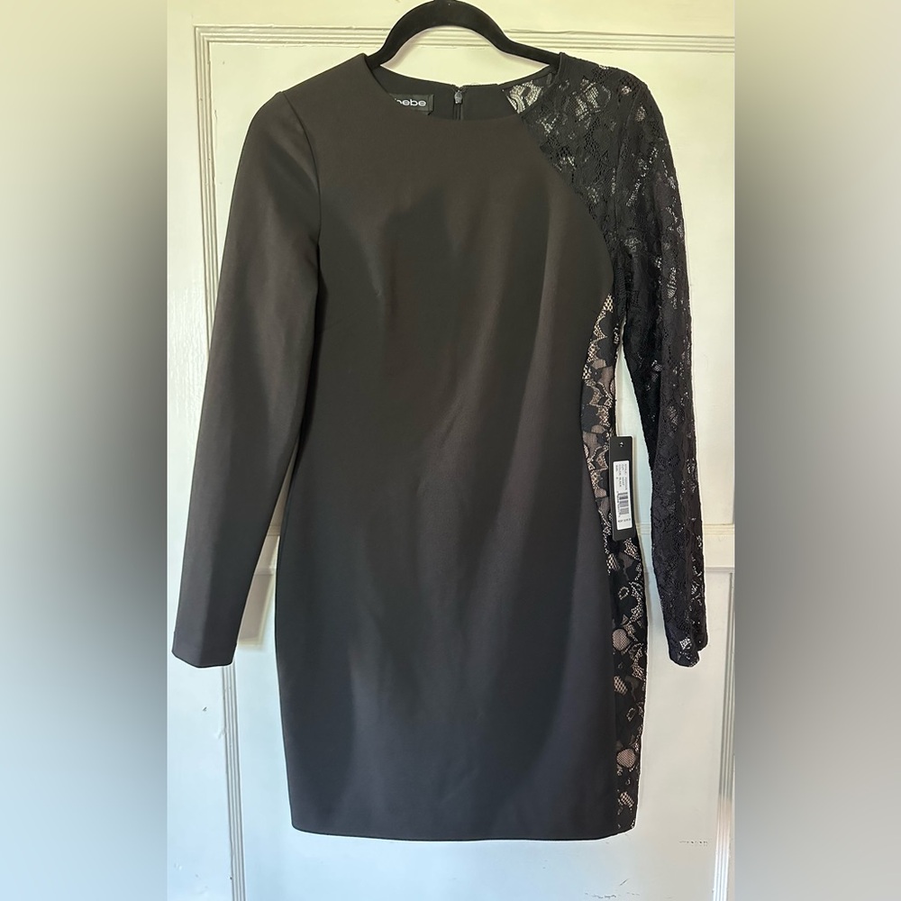 bebe Black Long Sleeve Lace-Accent Sheath Dress